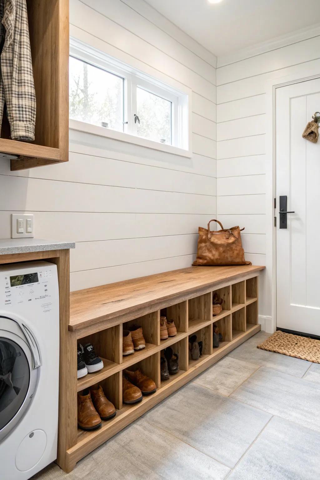Built-in oak cubby bench keeps everyday shoes tidy—plus a sturdy perch by the laundry door.