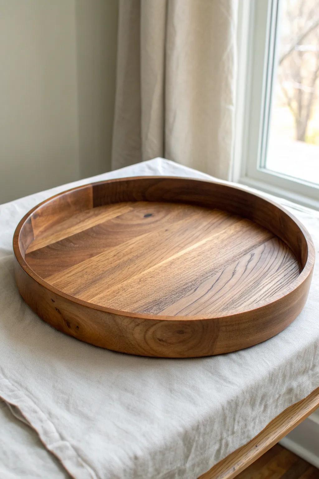 Warm-stained round lazy Susan tray—simple farmhouse craftsmanship with beautiful natural grain.