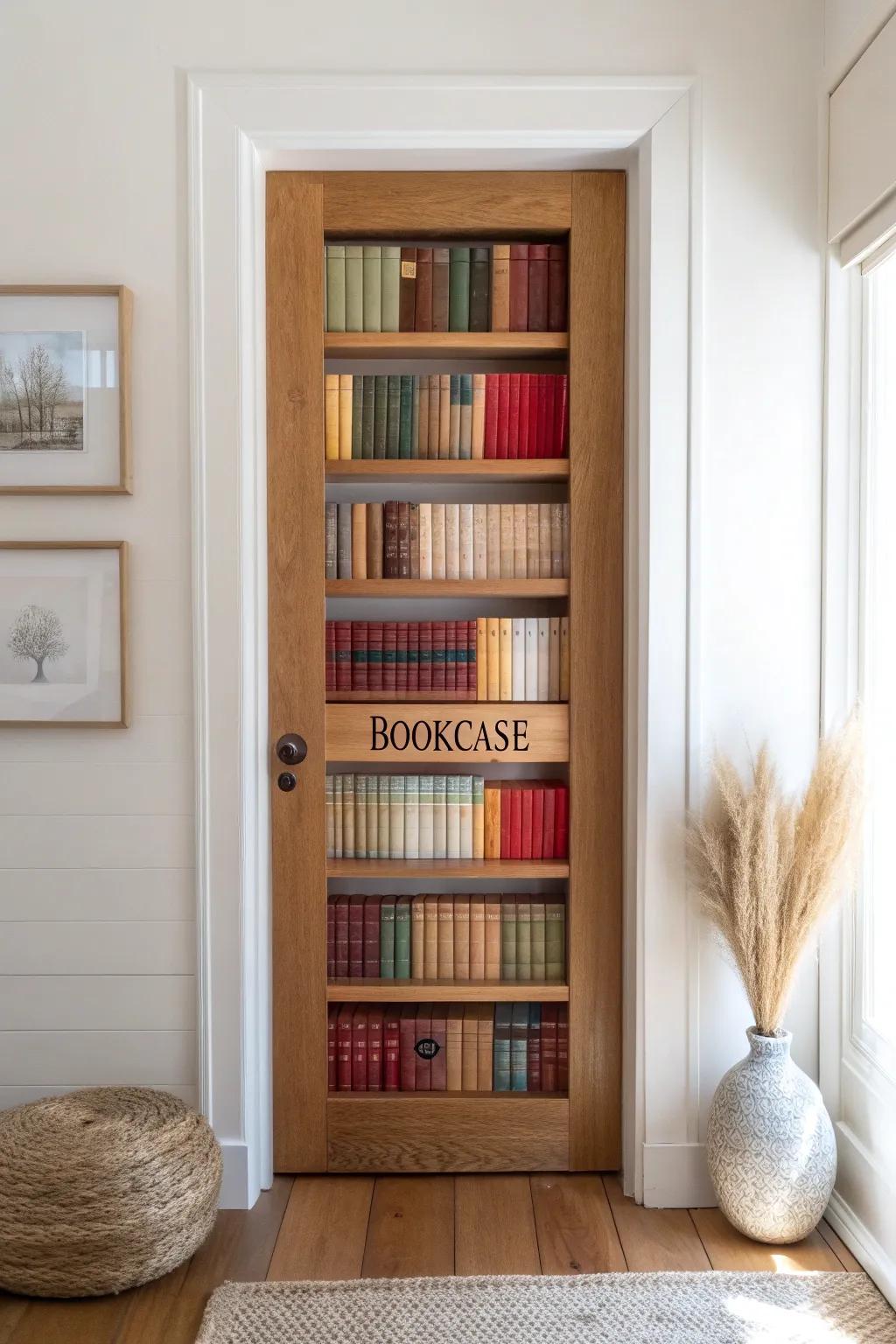 Turn a plain door into a classic bookshelf—hand-lettered spines and warm wood-grain framing.