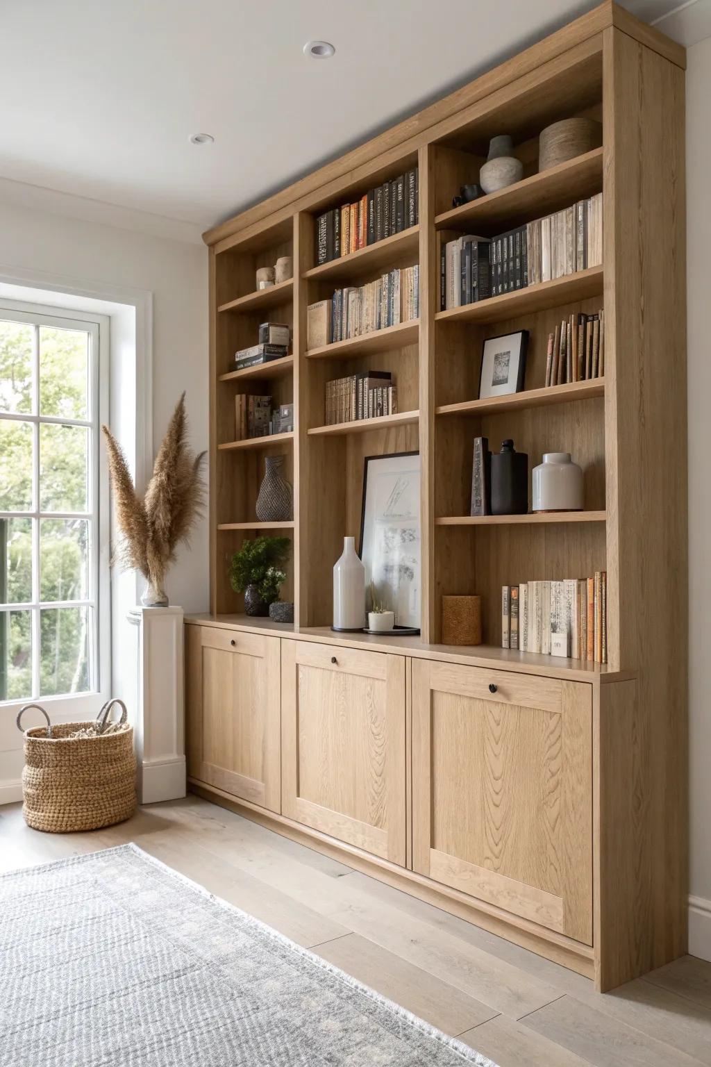 A floor-to-ceiling oak built-in turns your living room into a calm, collected library wall.