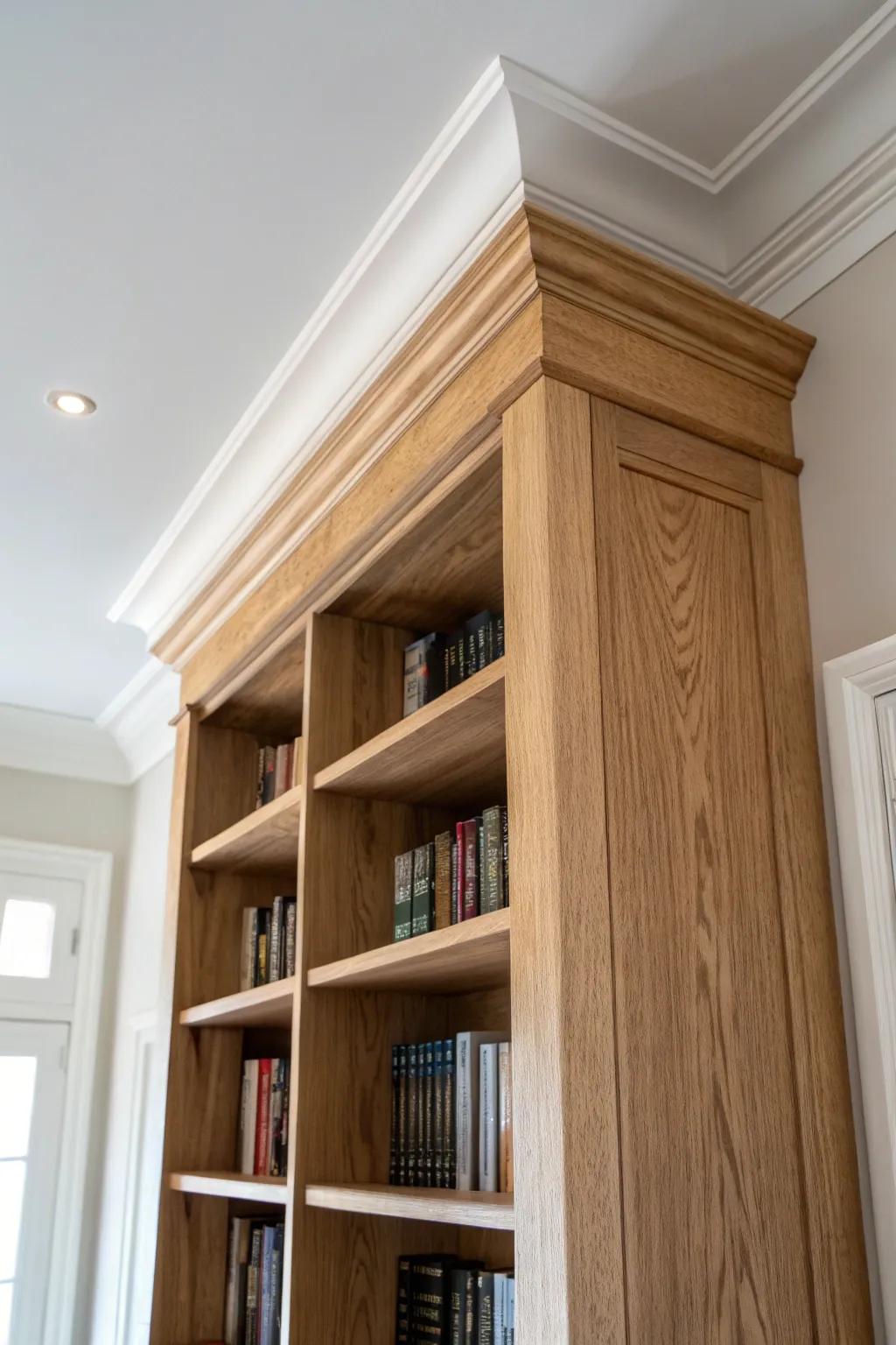 Crown molding to the ceiling makes bookcases read like true built-ins—clean, seamless, refined.