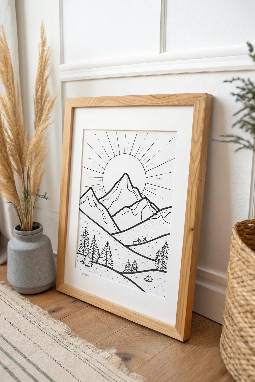 Embrace tranquility with this minimalist mountain line art, a perfect blend of simplicity and natural beauty.