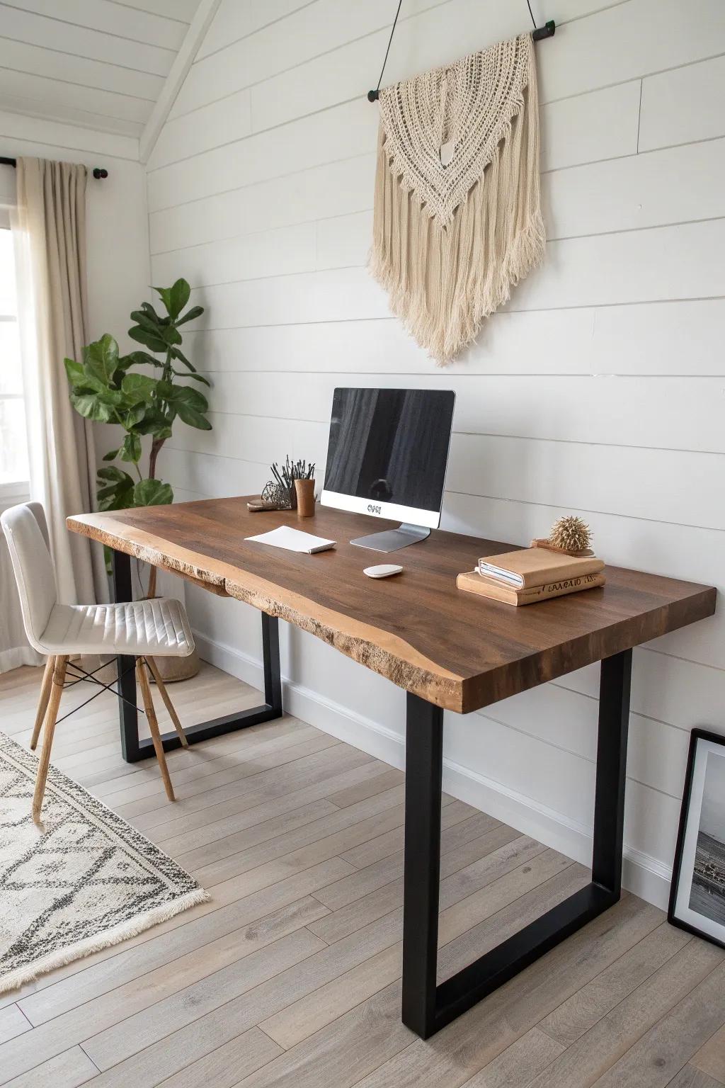 A timeless live edge slab desk—minimal base, rich grain, and a soft matte finish.