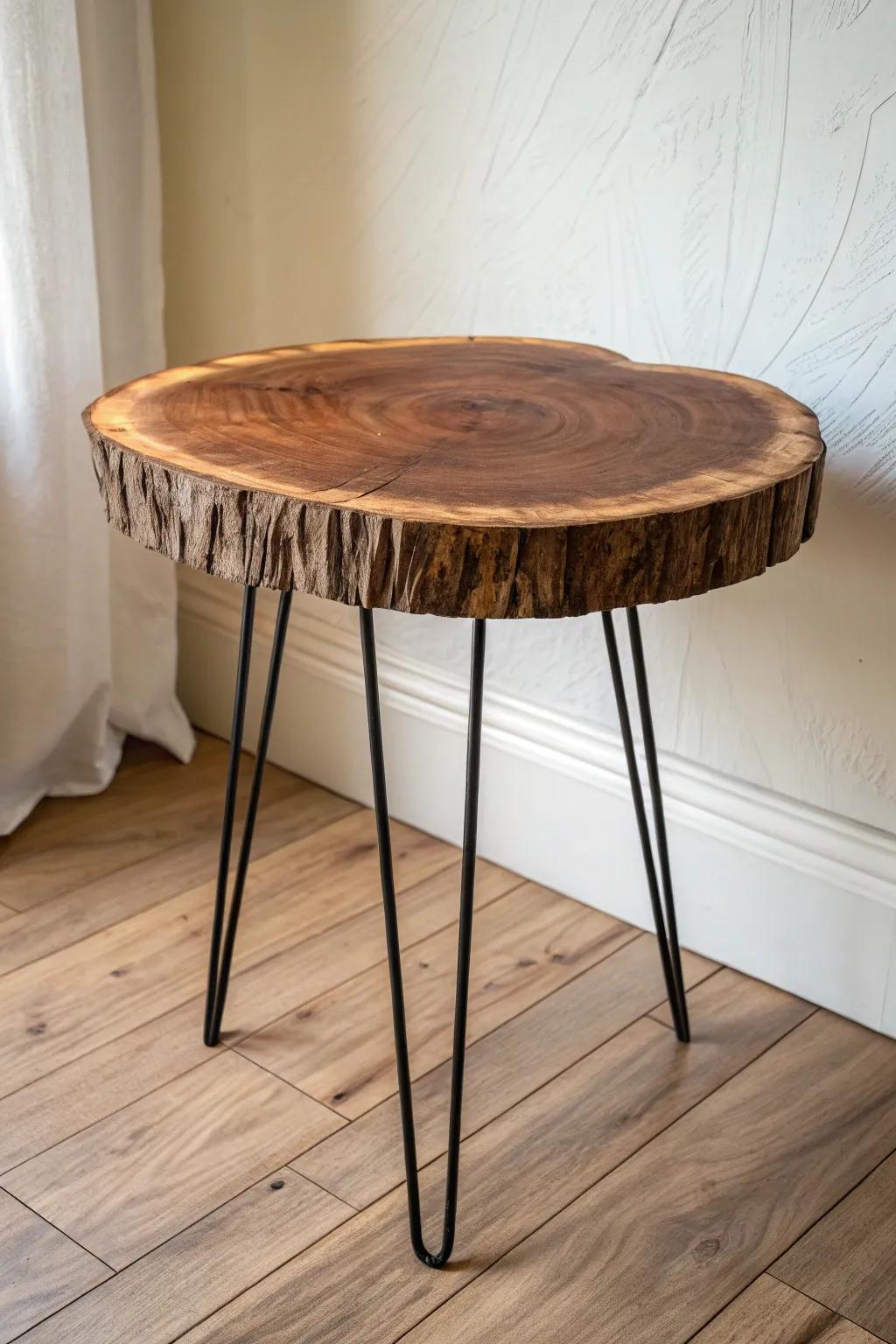 Walnut live-edge slab end table with matte black hairpin legs—clean, modern, timeless.