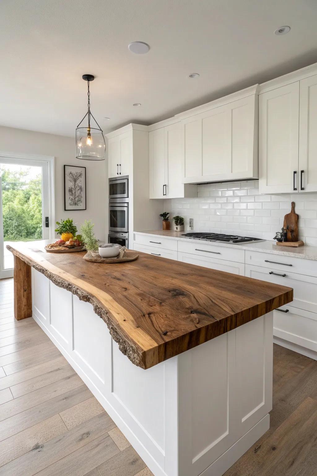 A thick single-slab live edge top on a simple base—warm grain as the kitchen’s centerpiece.