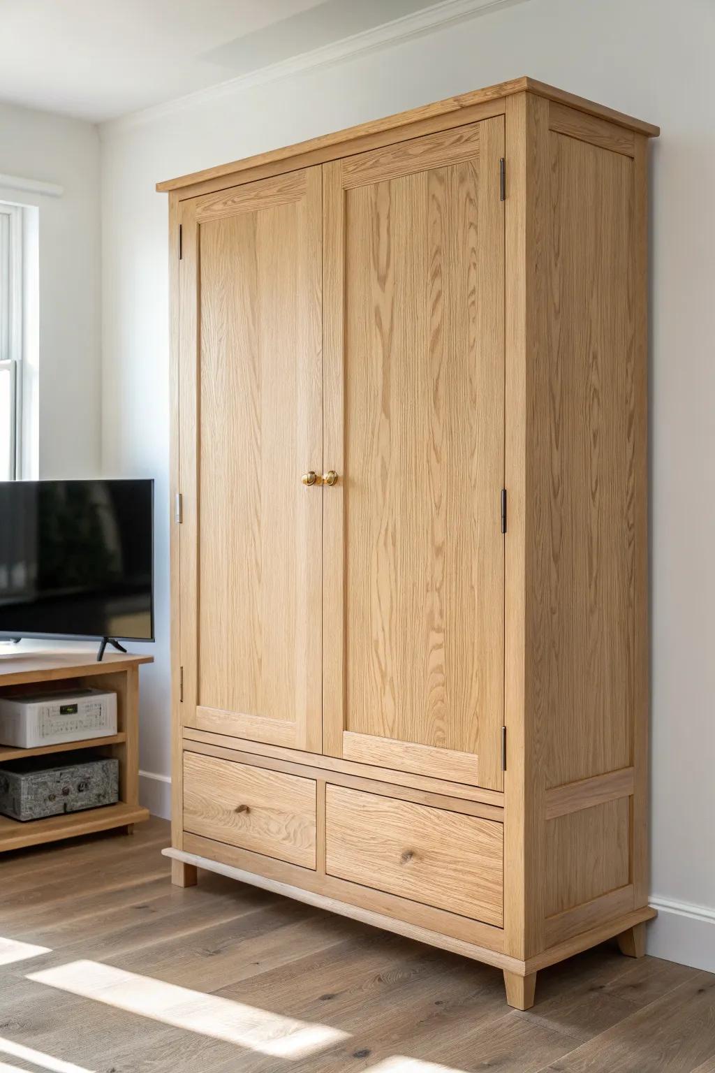 A calm living room armoire that hides the TV—close the doors and the space feels serene.