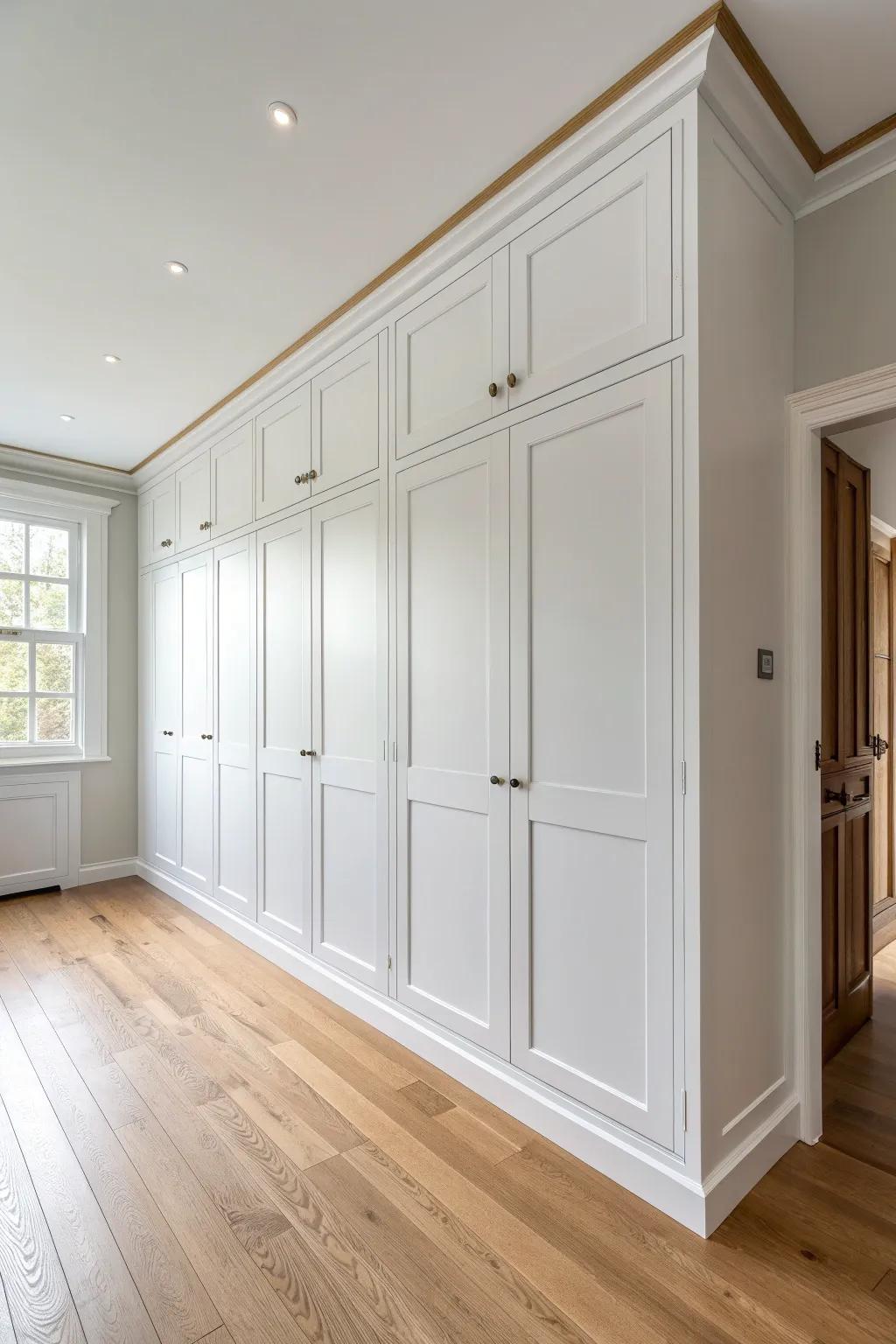 Floor-to-ceiling built-ins in soft white—clean millwork that hides clutter beautifully.