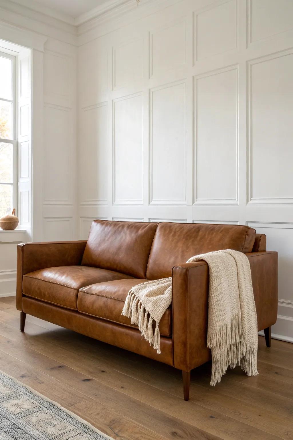 Crisp off-white walls make a brown couch look richer, brighter, and instantly more modern.