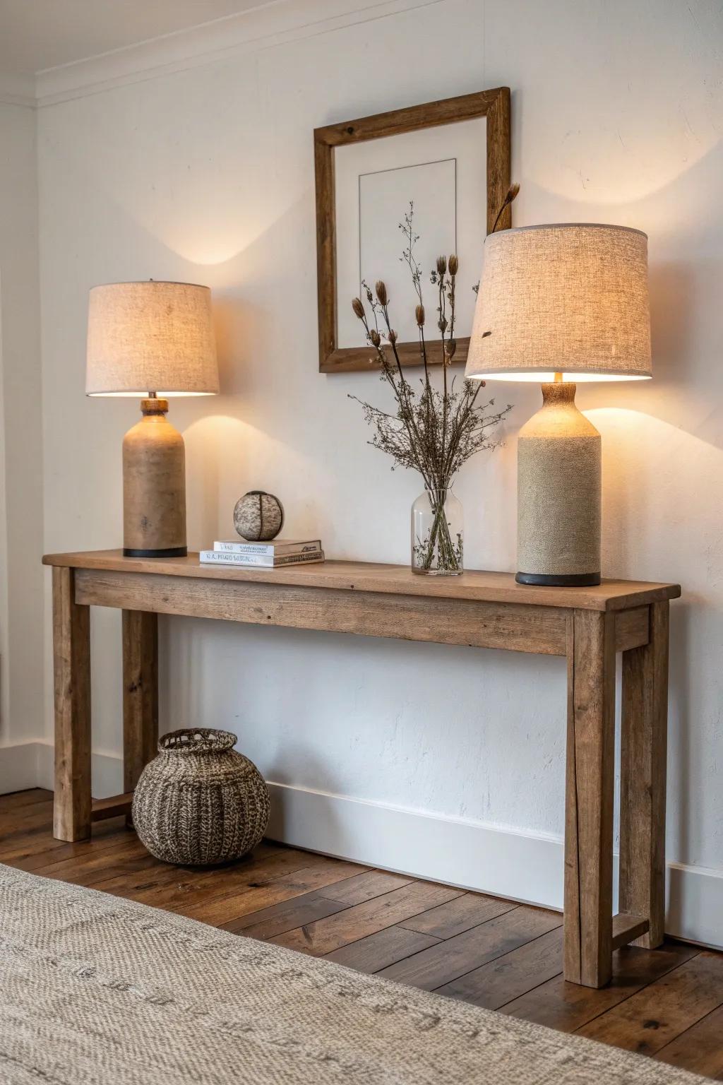 Matching lamps on both ends make a reclaimed-wood sofa table feel calm, classic, and cozy.
