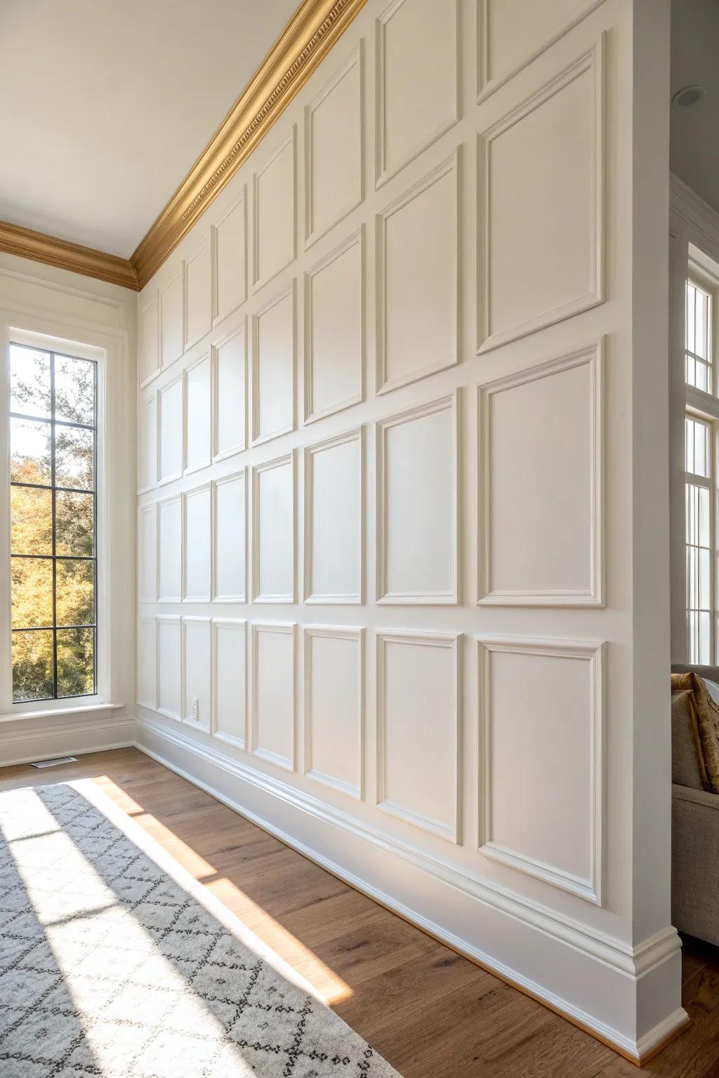 Classic picture frame moulding grid—clean lines and soft shadows for a custom-home glow.