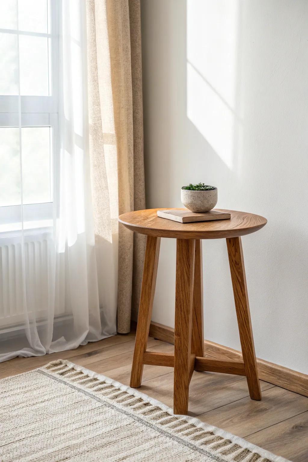Crisp white walls make oak grain glow—soft linen and a cream rug keep it warm and calm.