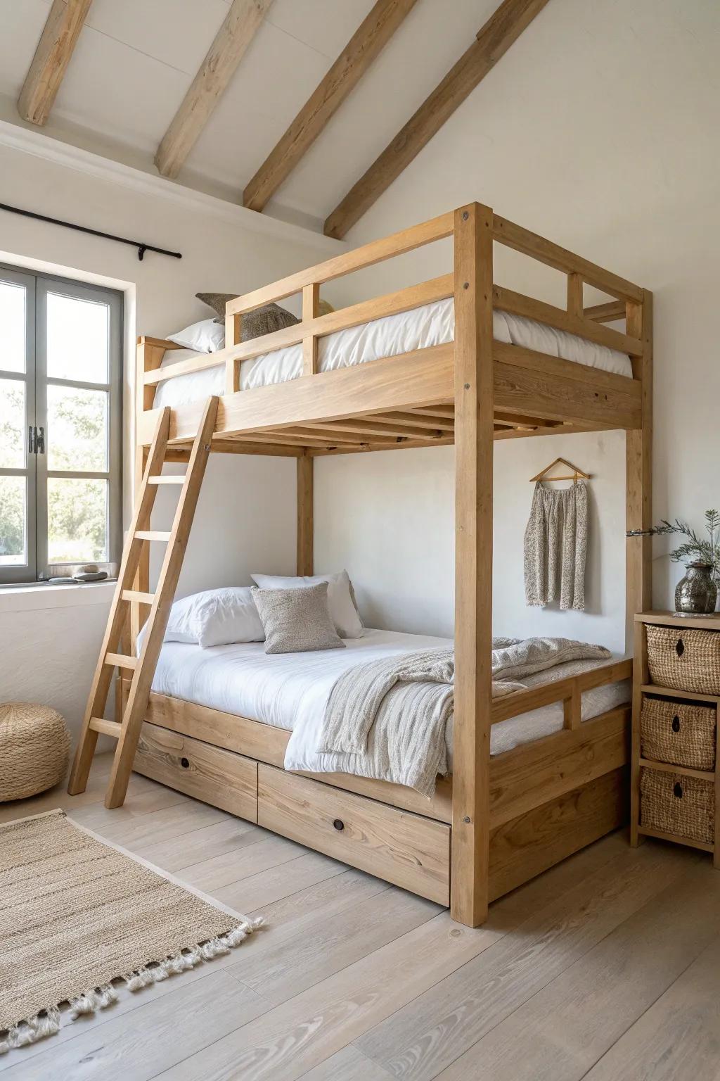 Light oak loft bed + crisp white bedding for a bright, spacious Scandinavian look.