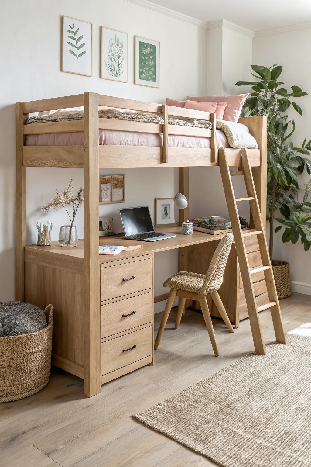 Classic loft bed with a clean desk below—smart, airy storage and warm wood for small rooms.