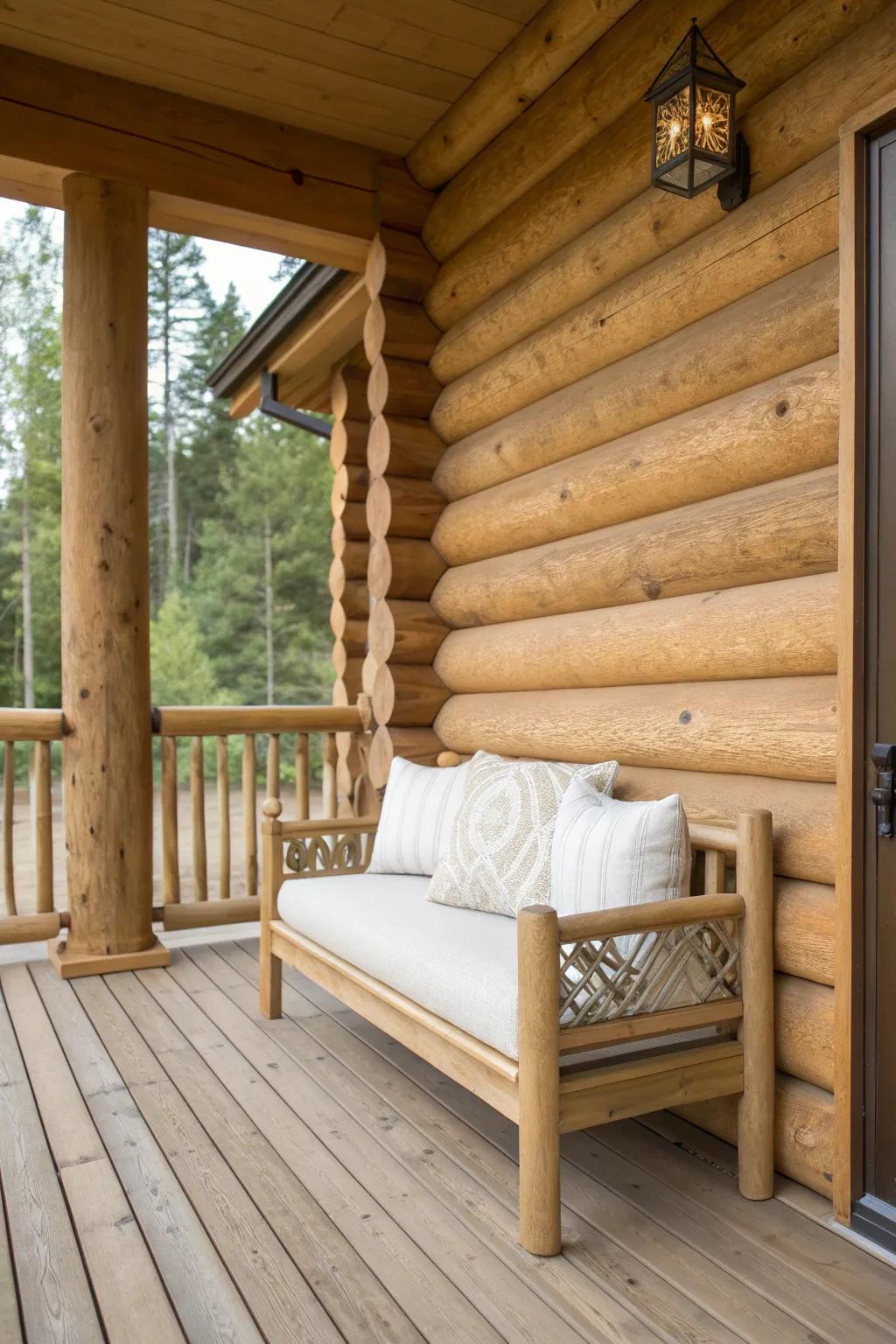 A wraparound porch corner with matching stain tones—rustic, seamless, and made for all seasons.