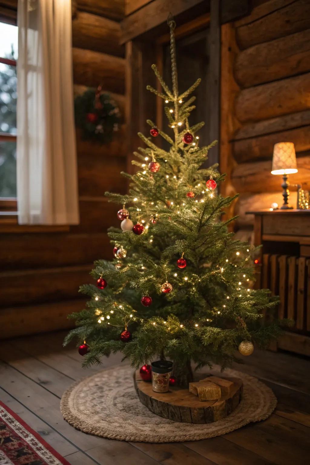 Classic cabin tree glow: warm white lights with simple wood, red, and green ornaments.