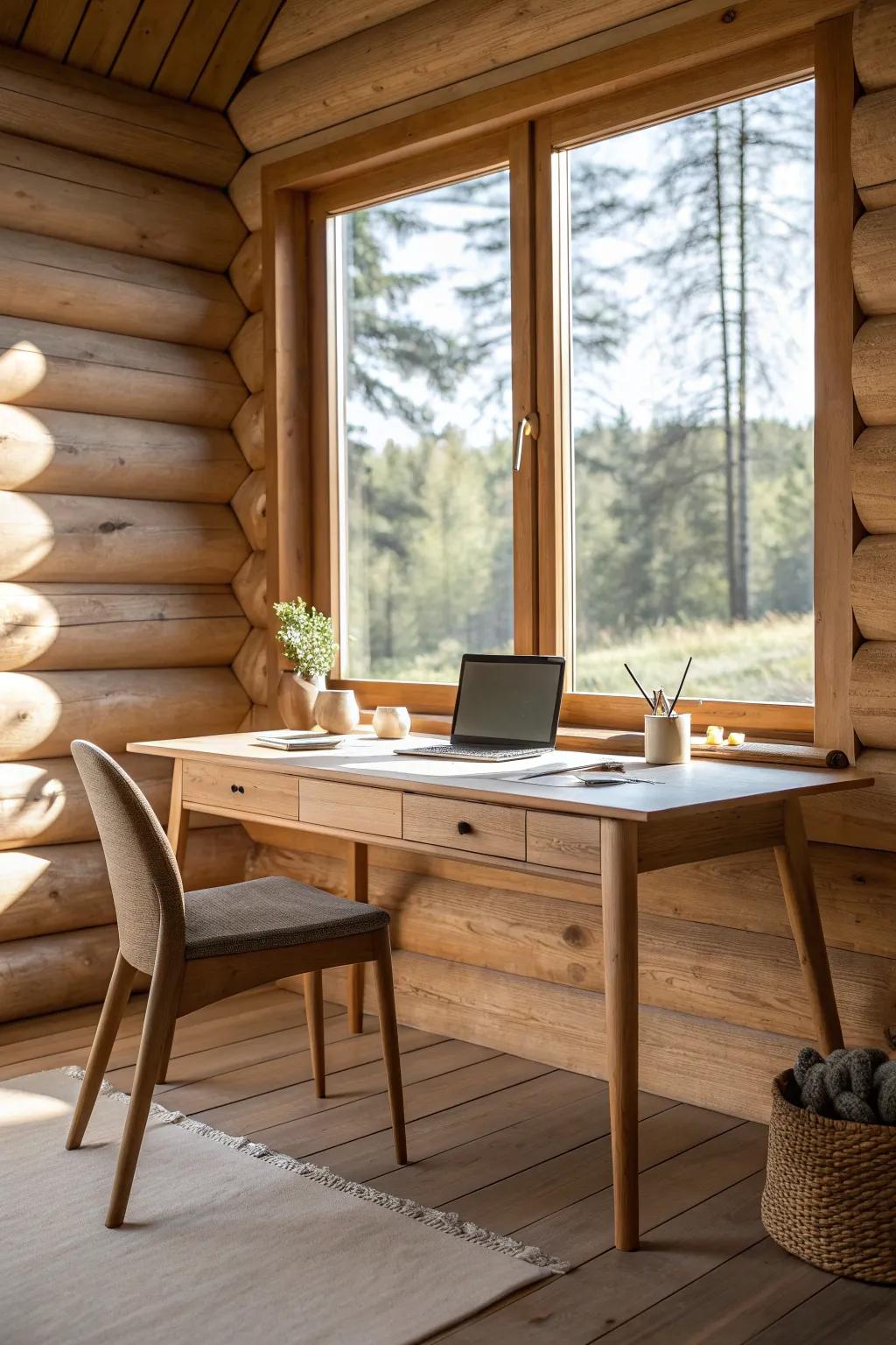 A simple wood desk facing a big window—bright, calm, and perfect for a log cabin office.