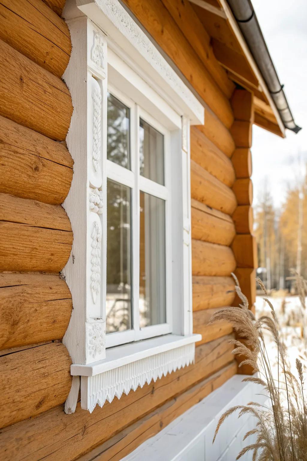 Crisp white trim adds timeless contrast—making warm logs glow and windows feel bigger.