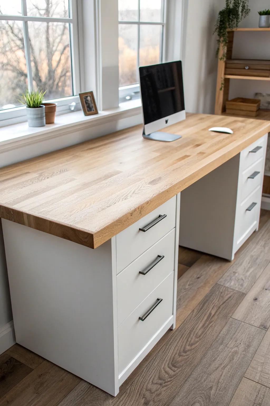 A thick butcher block top on drawer bases: long, clean, and packed with hidden storage.