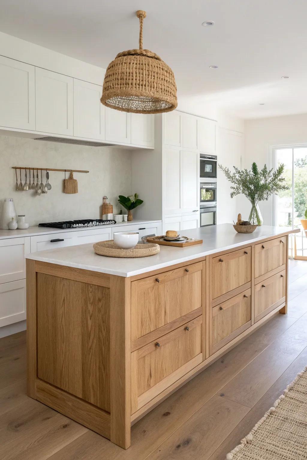 A slim oak island keeps a long galley kitchen airy—prep space without crowding the flow.