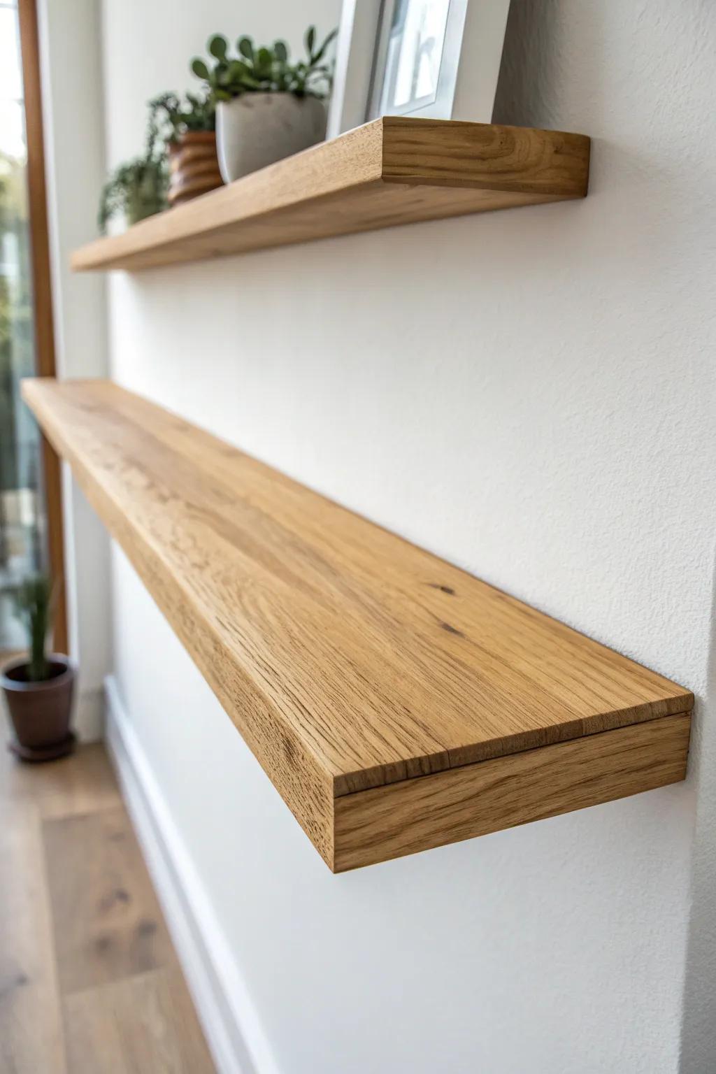 A classic long floating shelf in light oak—clean lines, hidden support, and calming grain.