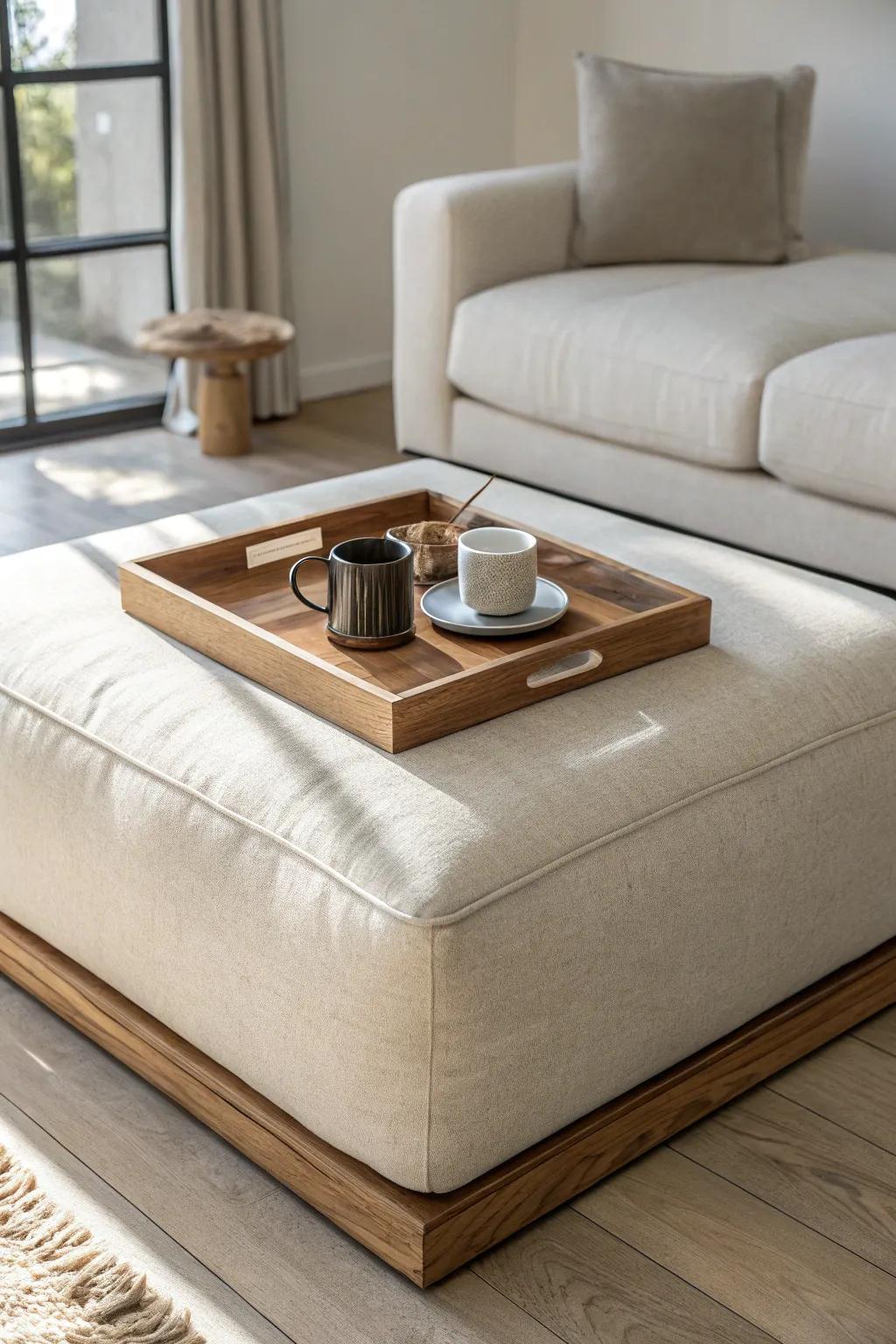 Oversized ottoman + handcrafted oak tray—soft lounge comfort with a stable spot for snacks.