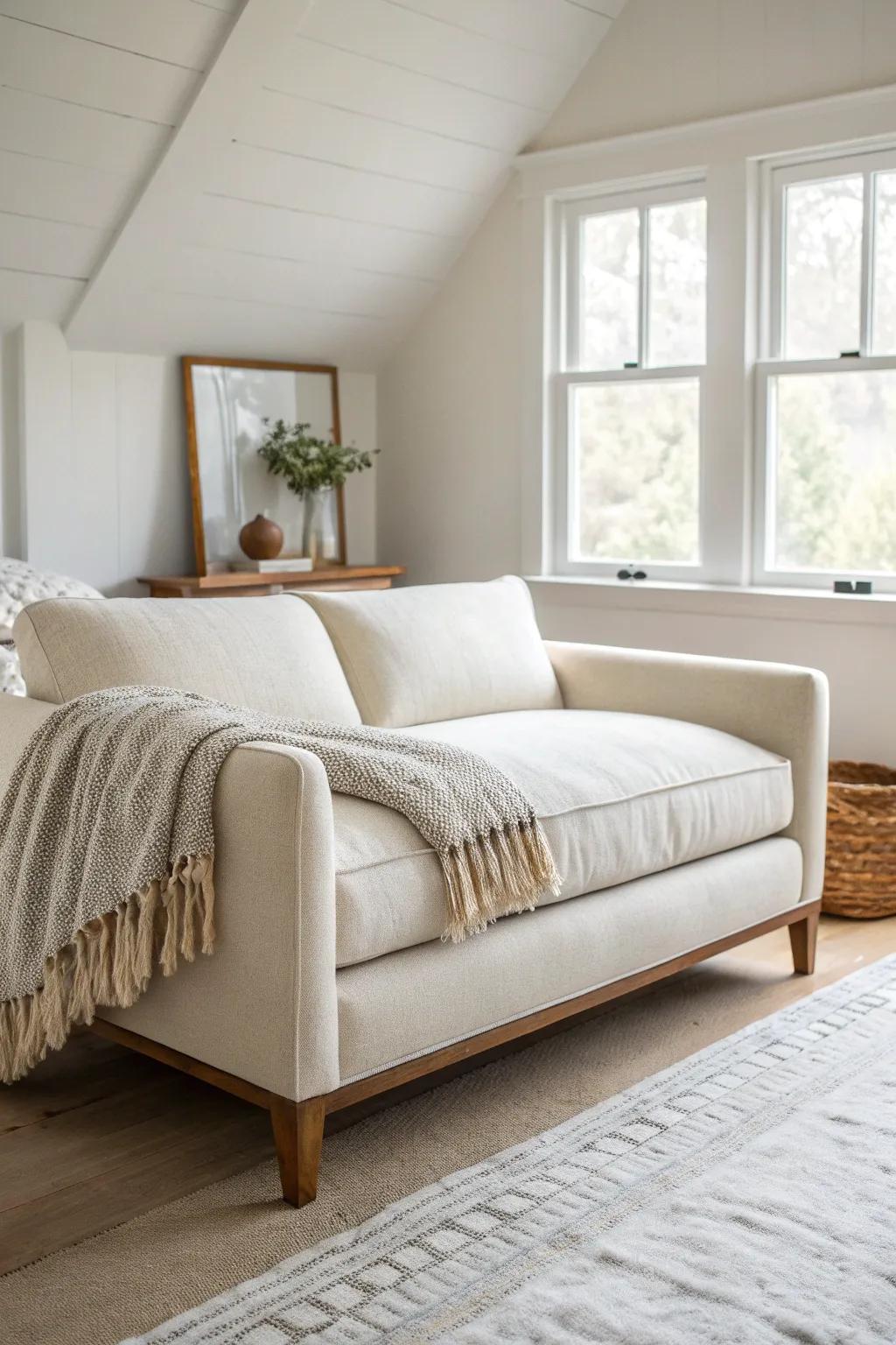 A classic neutral loveseat at the bed’s end—calm, cozy, and beautifully crafted in oak.