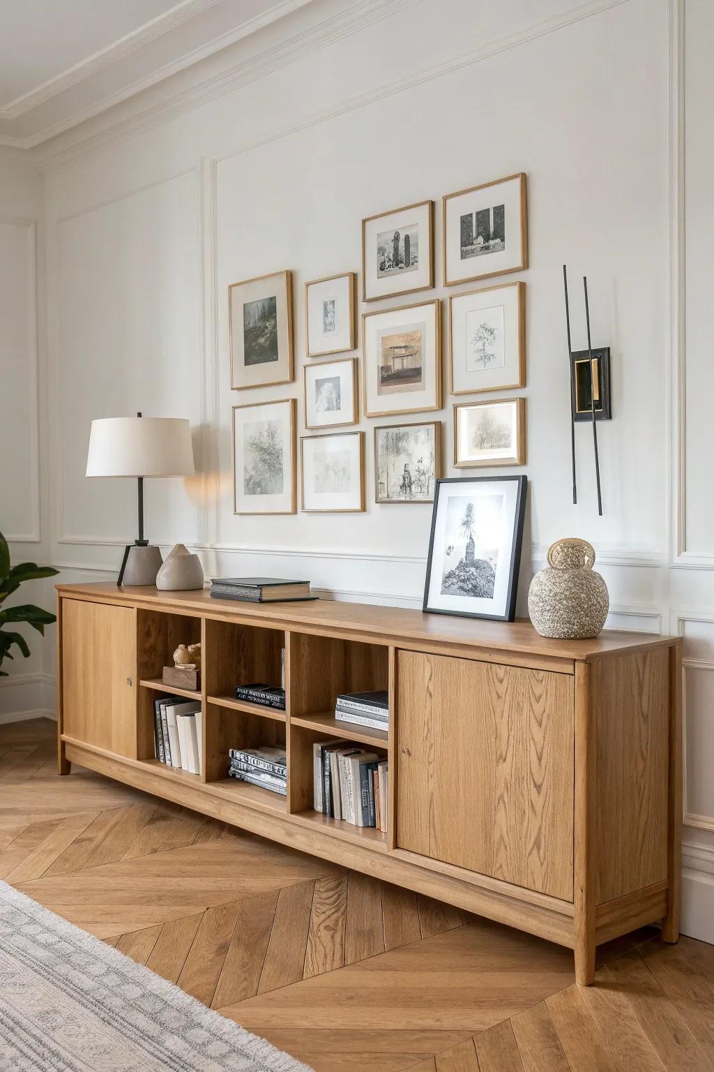 A long low bookcase under a gallery wall—grounded, minimalist, and beautifully styled.