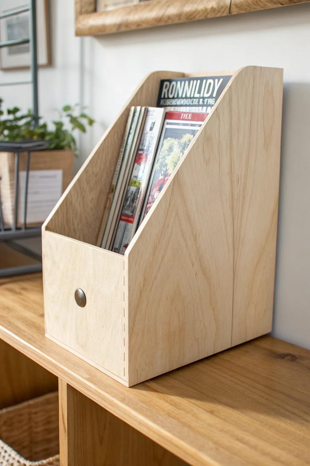 A simple L-shaped wooden magazine file—clean lines, finger hole, and a calm shelf look.