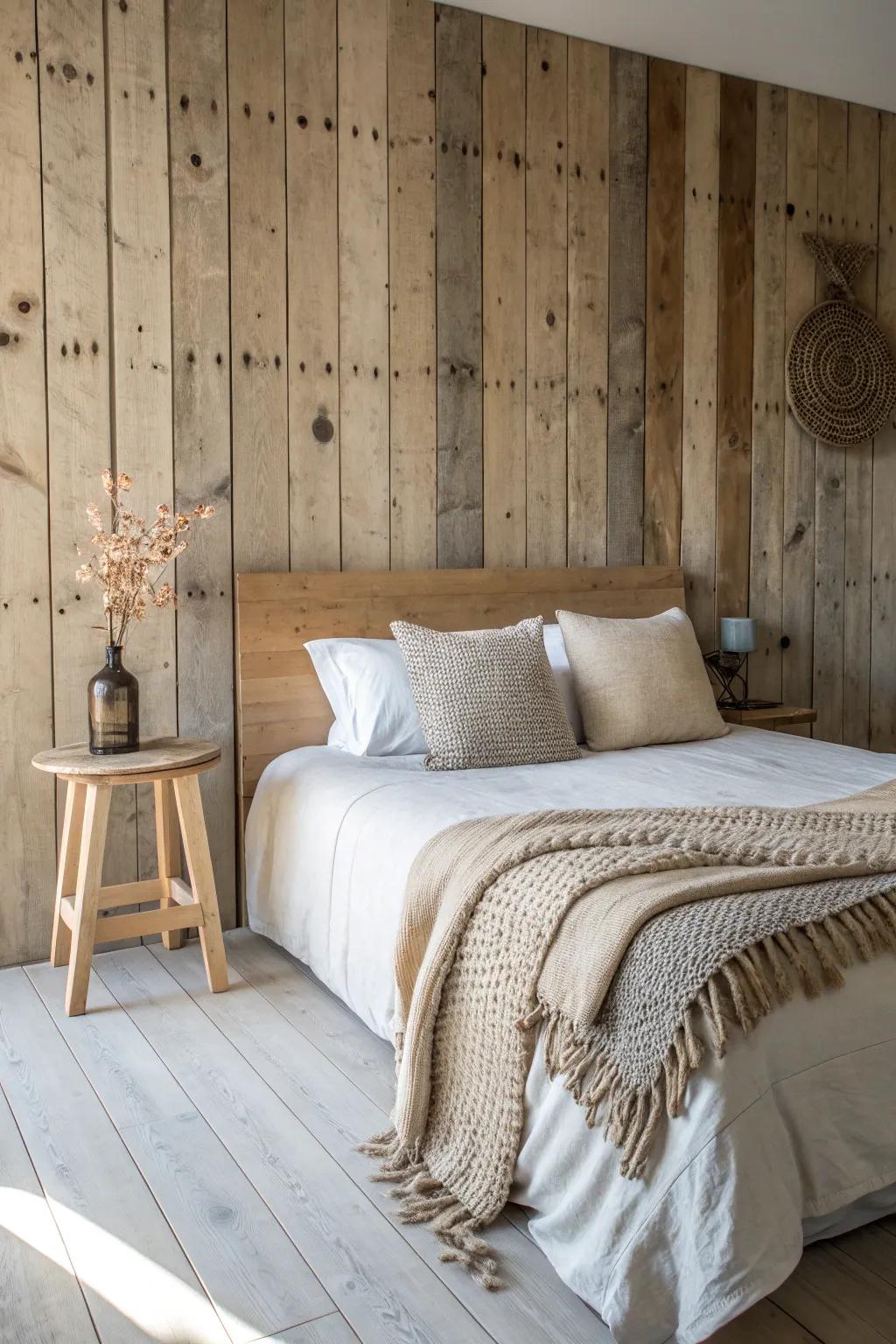 Reclaimed wood accent wall behind the bed—rugged texture meets calm Scandinavian style.