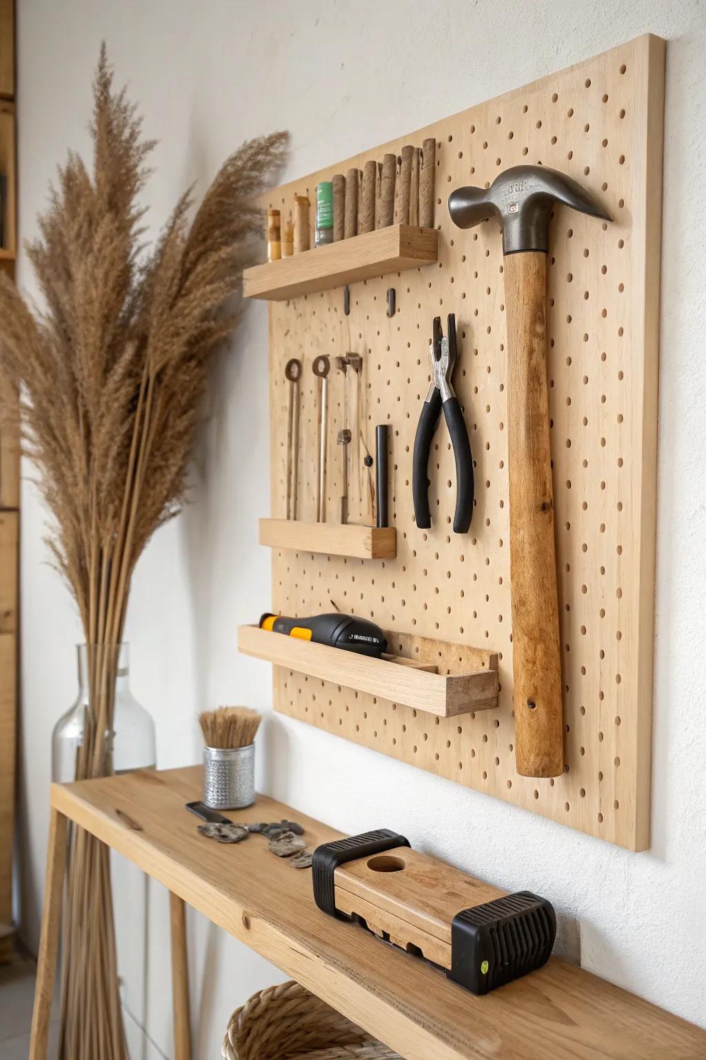 A sleek French cleat wall keeps tools visible, flexible, and beautifully organized.