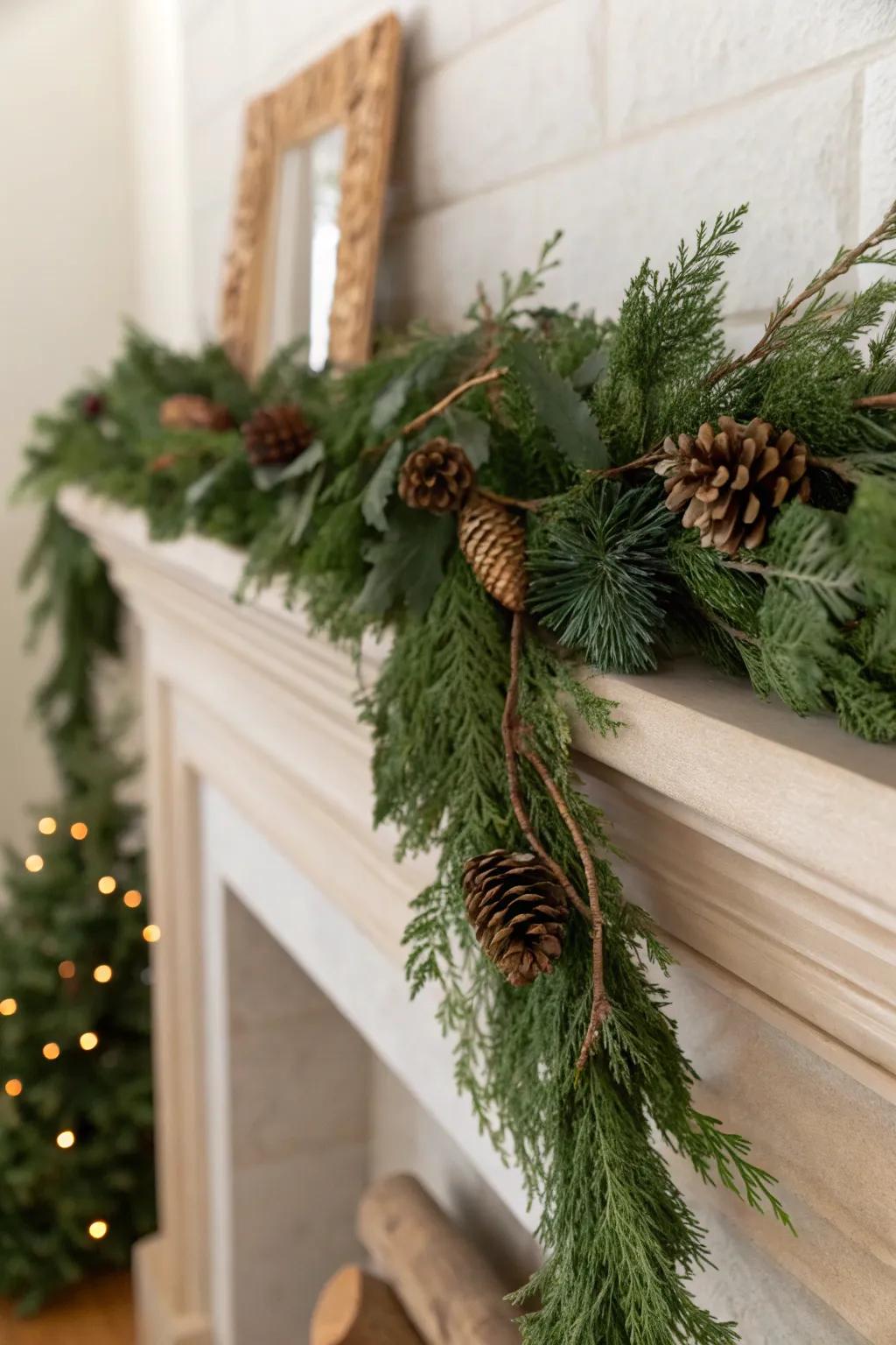 Classic evergreen garland with wired pinecones for a timeless, full mantel look.
