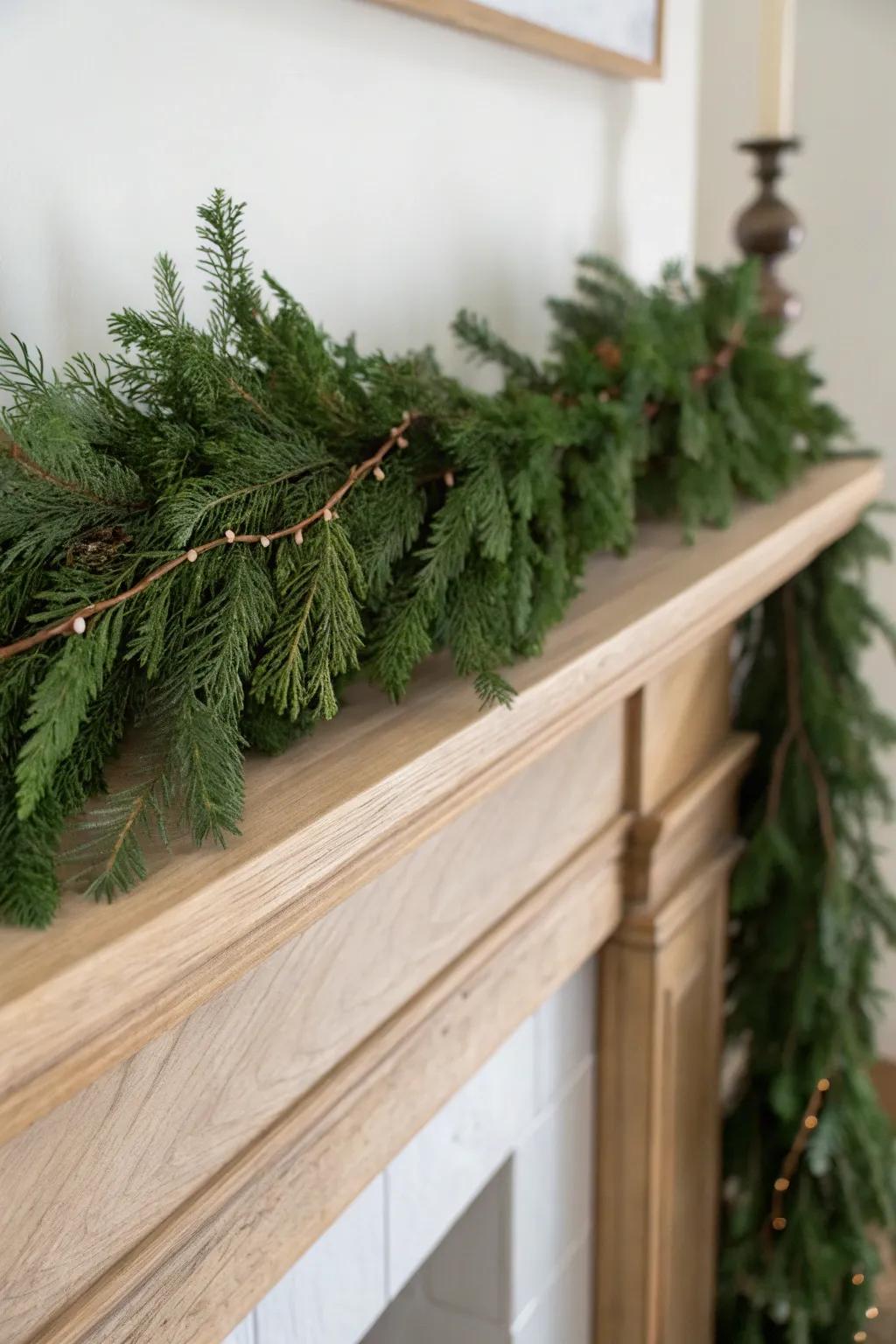 Classic evergreen garland draped in a natural ripple—simple, cozy, and handcrafted.