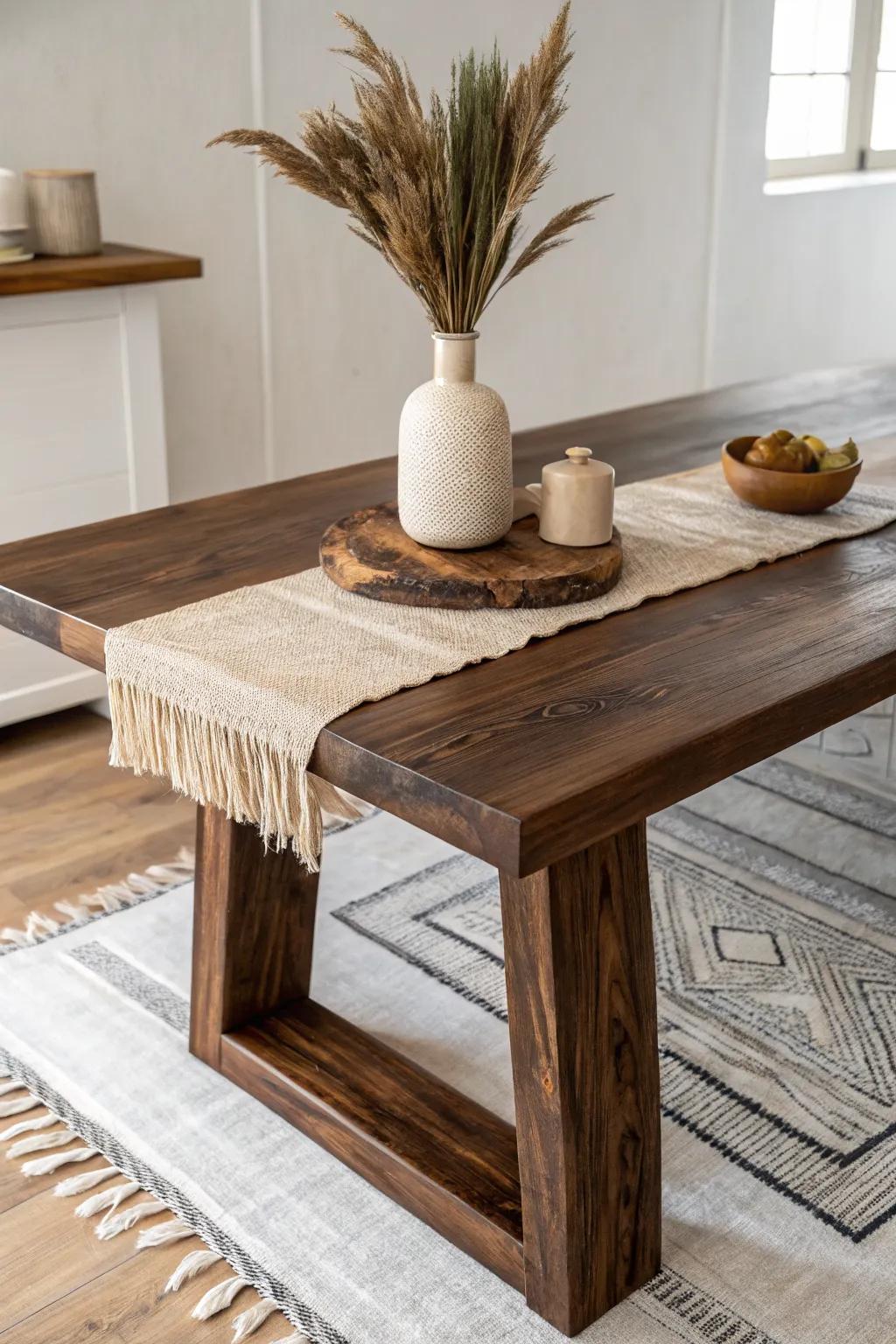 A thick, dark-stained wood table with bold grain—simple, grounded, and effortlessly masculine.