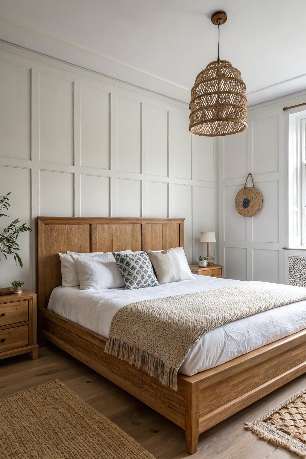 Classic picture frame molding grid behind the bed—clean symmetry, crisp contrast, timeless charm.