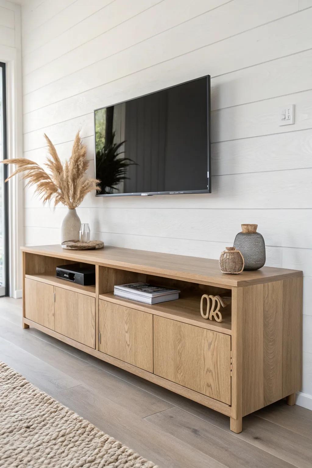 Floating oak console with push-latch doors and a hidden cable channel for a calm, clean TV wall.