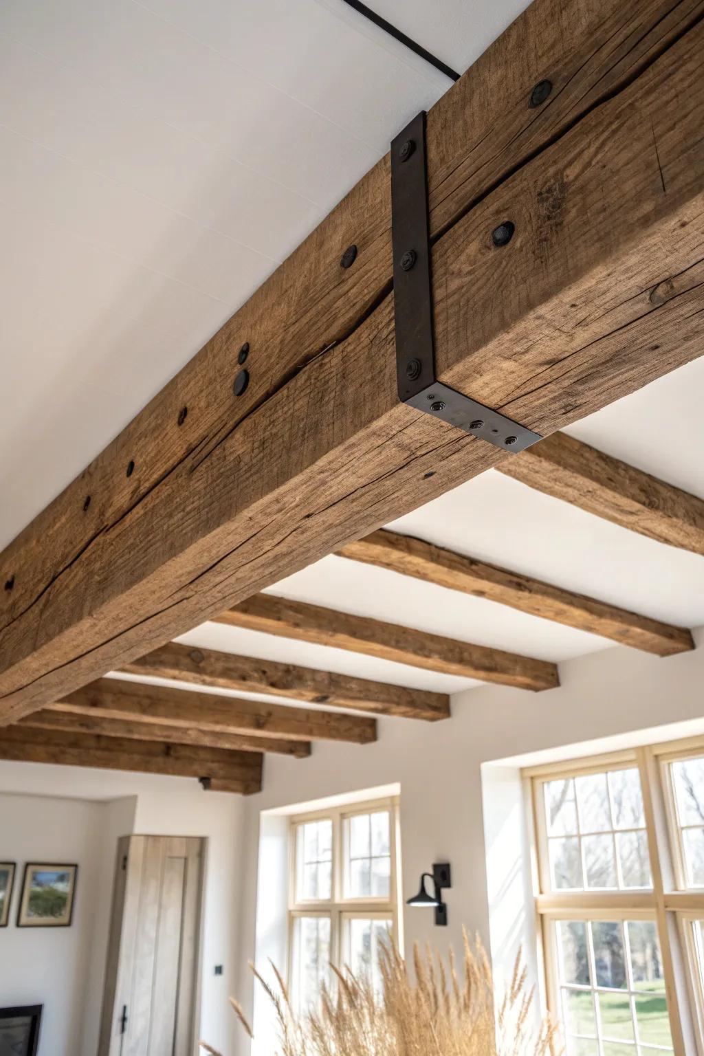 Dark hand-hewn beams add medieval drama—crafted texture with calm Scandinavian simplicity.