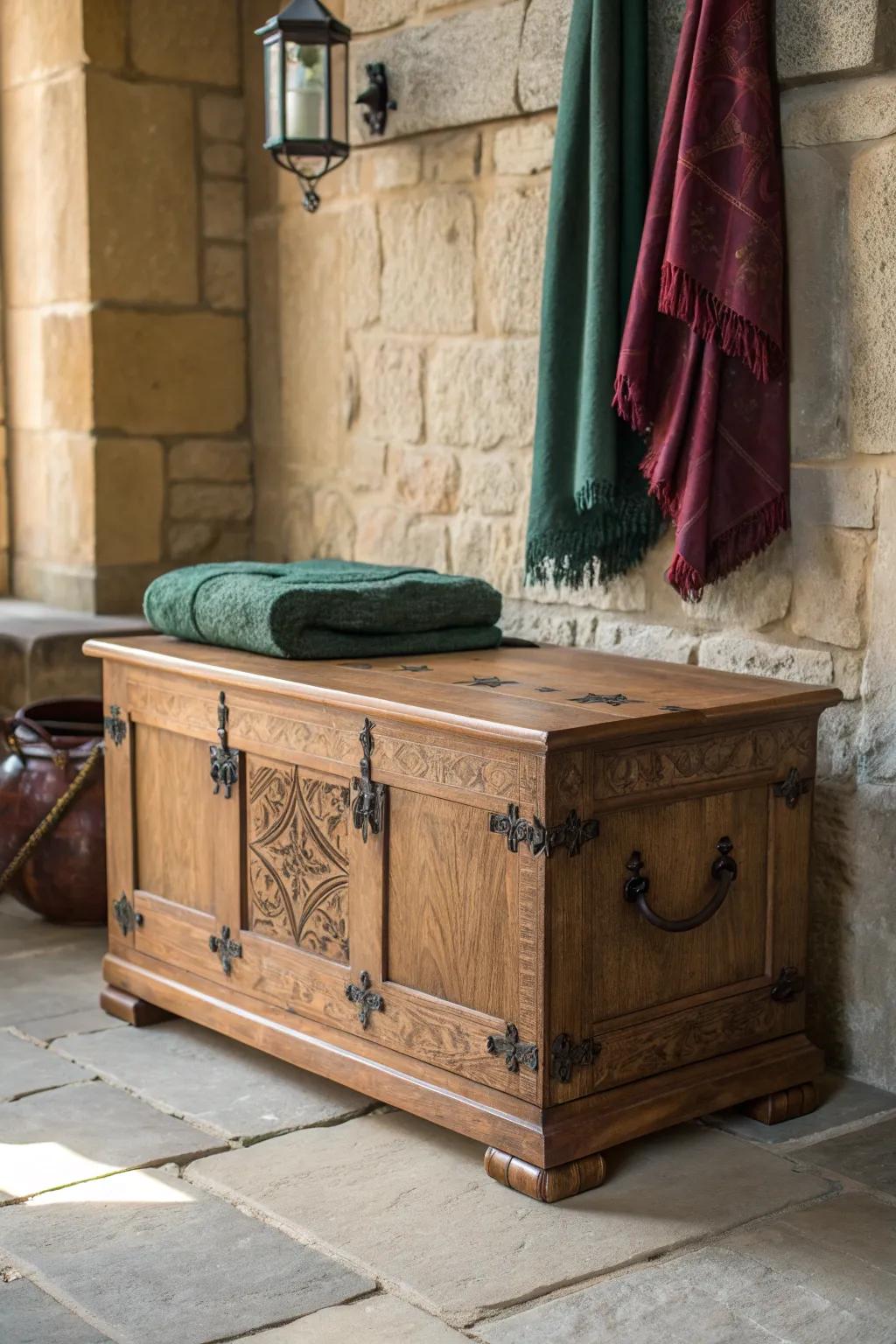Deep burgundy + forest green make warm oak glow—minimal, castle-worthy color with craft detail.