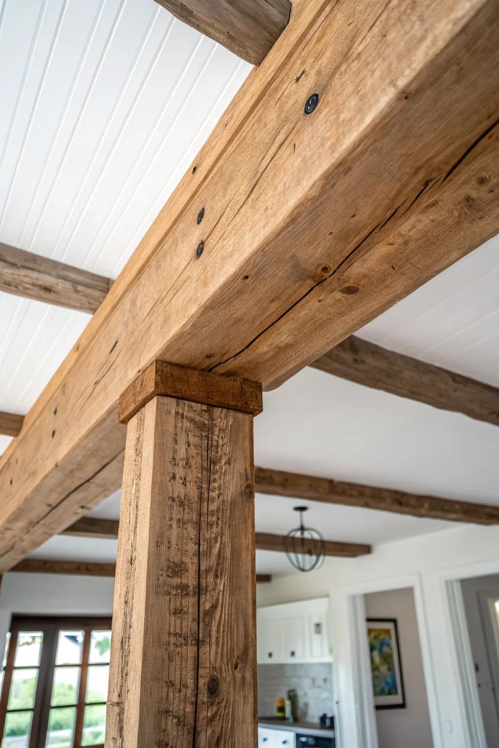 Rough-sawn stained box beam adds instant medieval charm to a bright minimalist ceiling.