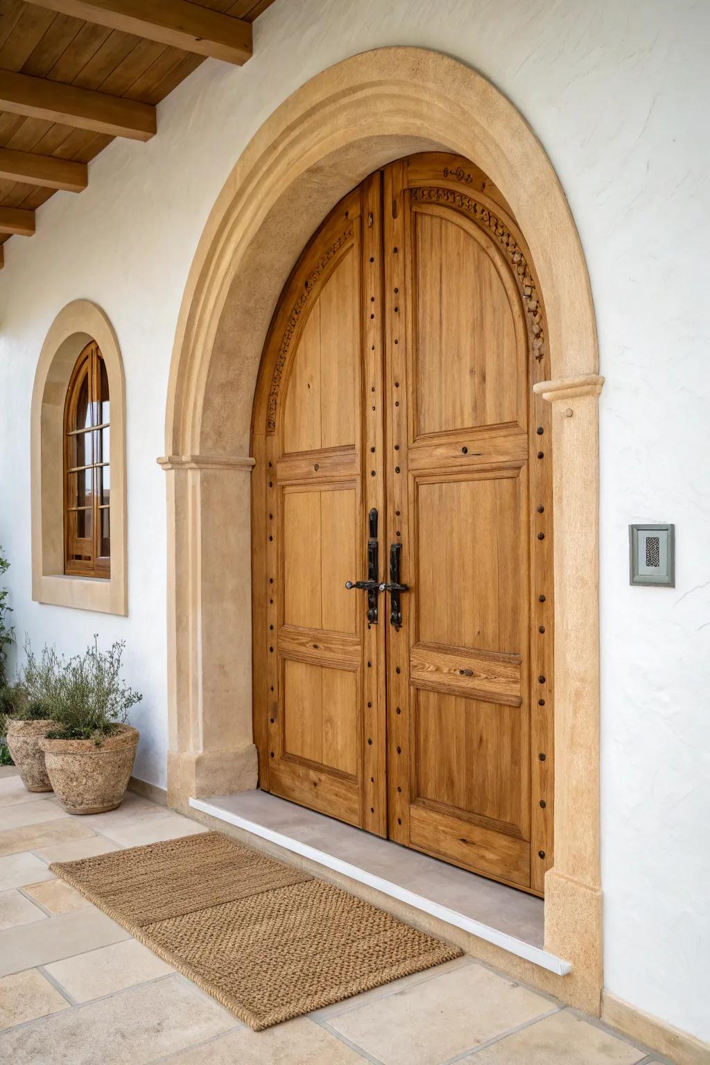 Arched solid-wood double doors for an instant Mediterranean villa feel—simple, warm, timeless.
