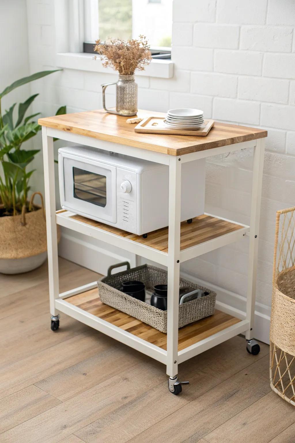 A rolling microwave cart with a thick oak top and locking casters—clean, chic, and easy to move.