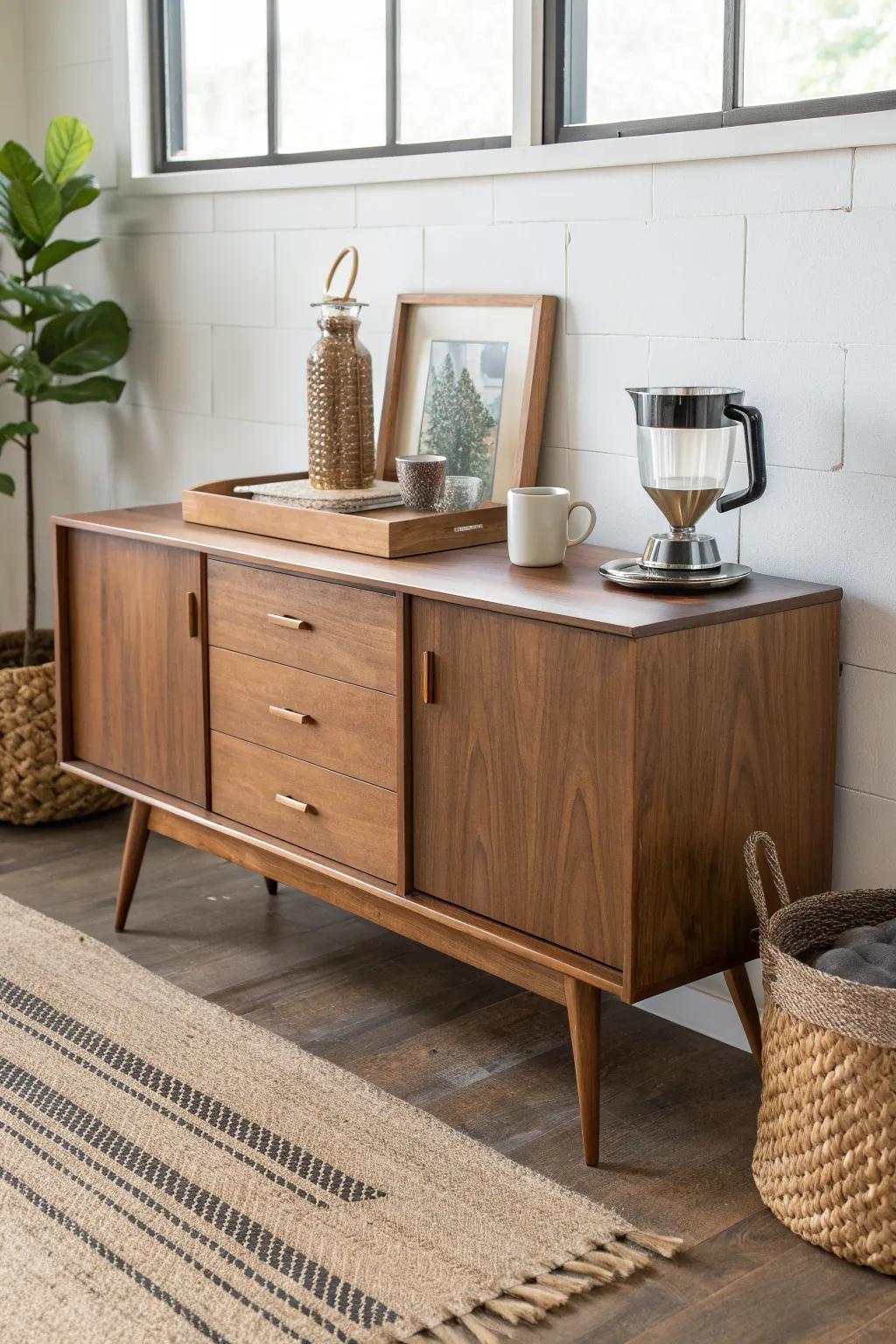 Mid-century credenza coffee bar with tapered legs—warm wood, simple tray, daily brew essentials.