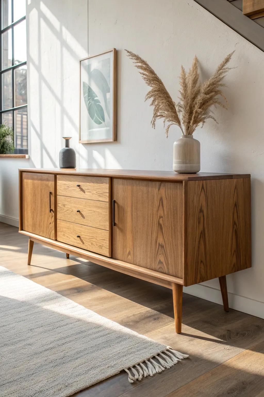 A long, low walnut credenza with tapered legs—instant mid-century calm with airy warmth.