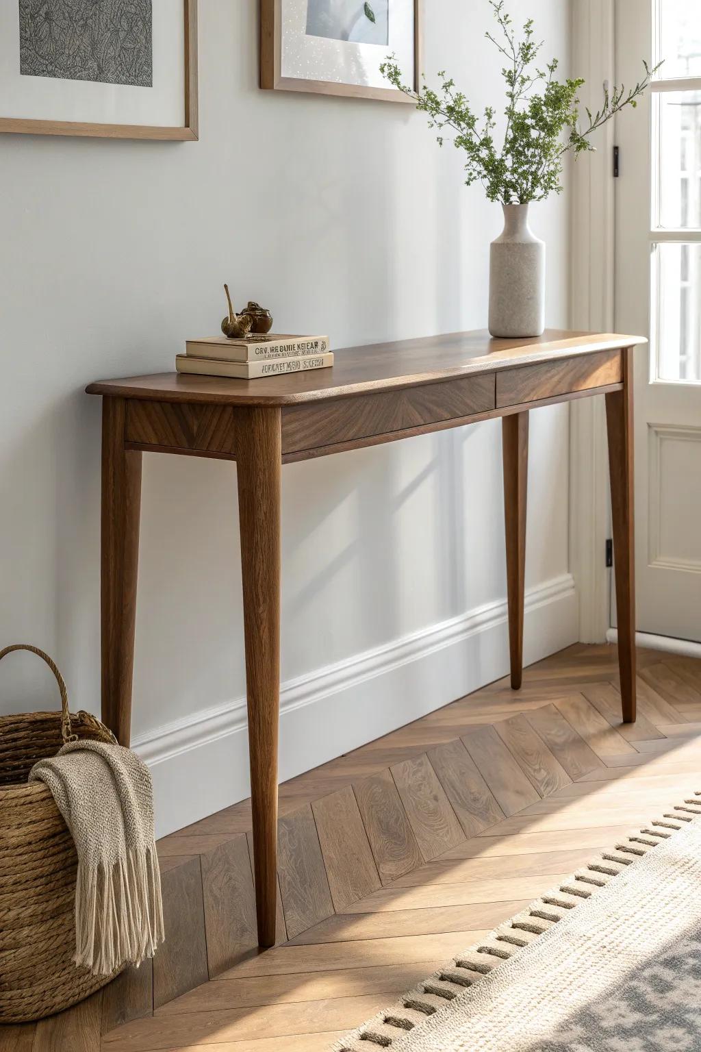 A slim walnut console with tapered legs—airy, elegant, and perfect for entryway essentials.