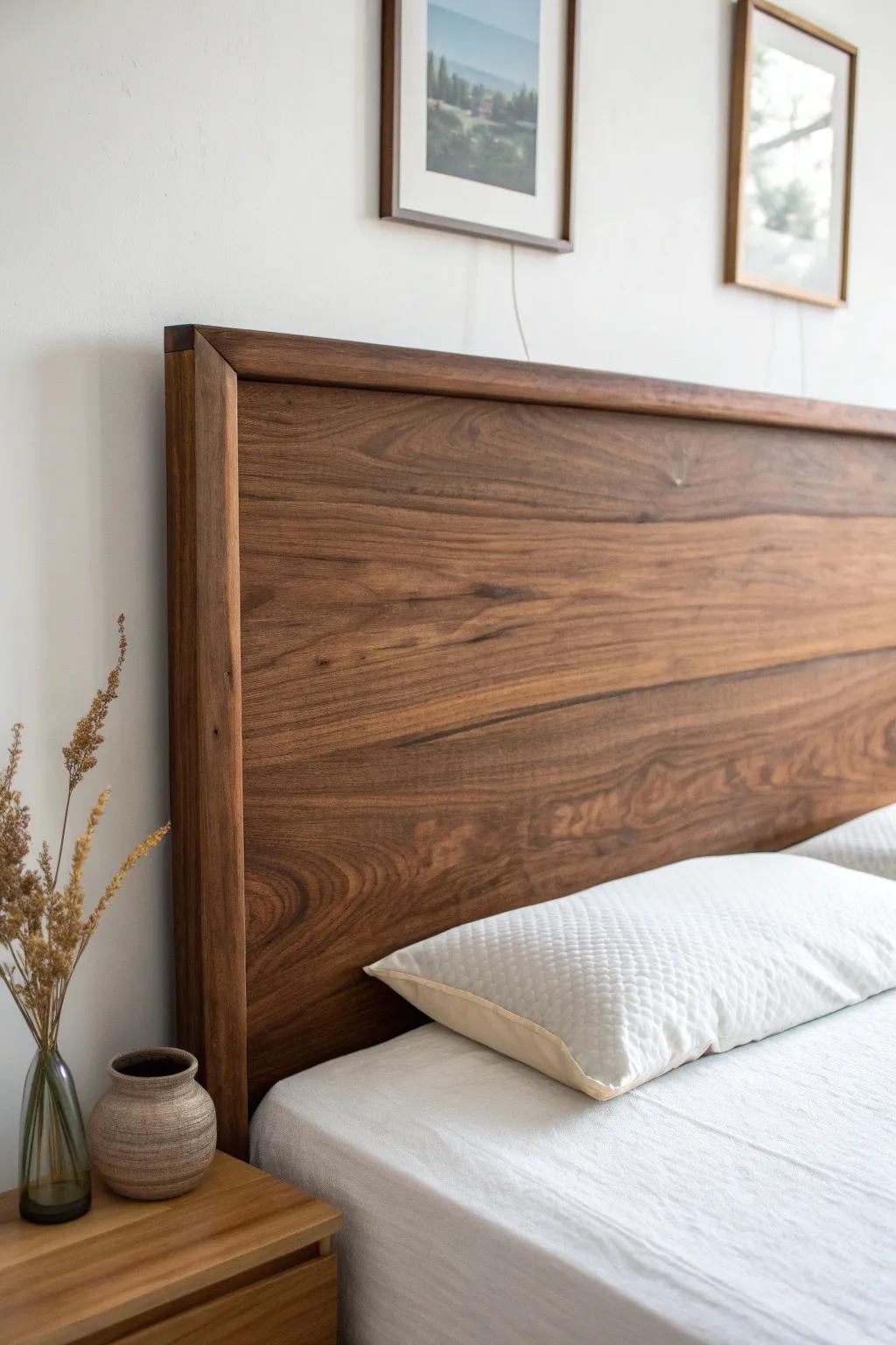 A simple walnut-style slab headboard—warm grain, satin sheen, and timeless mid-century calm.