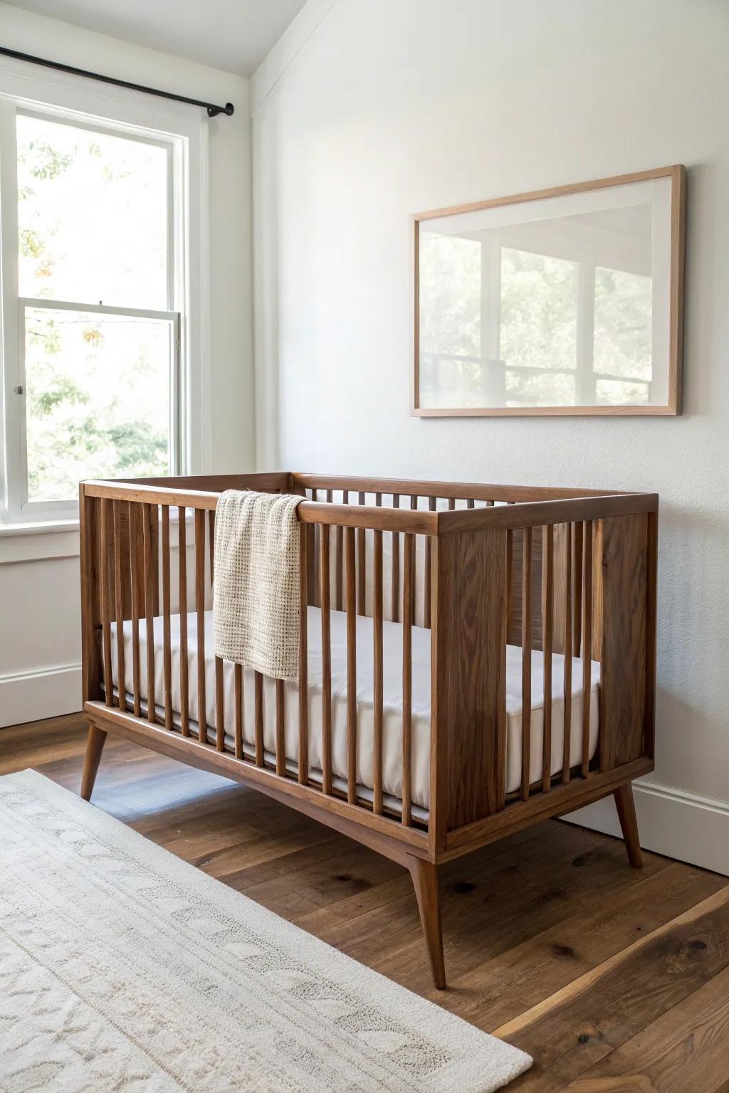 A walnut-toned crib with tapered legs—mid-century charm for a calm, cozy nursery.