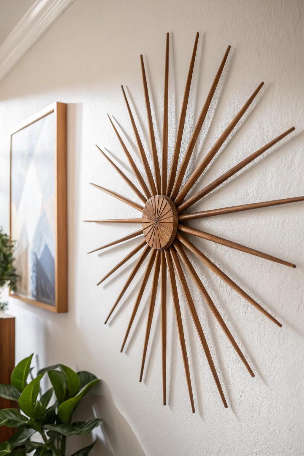 Handmade walnut starburst wall piece—an instant mid-century statement with warm, modern contrast.