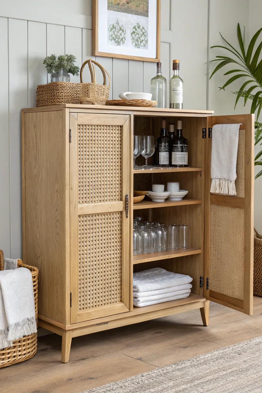 A sleek sideboard that opens into a mini bar—adjustable shelves and a tidy drawer inside.