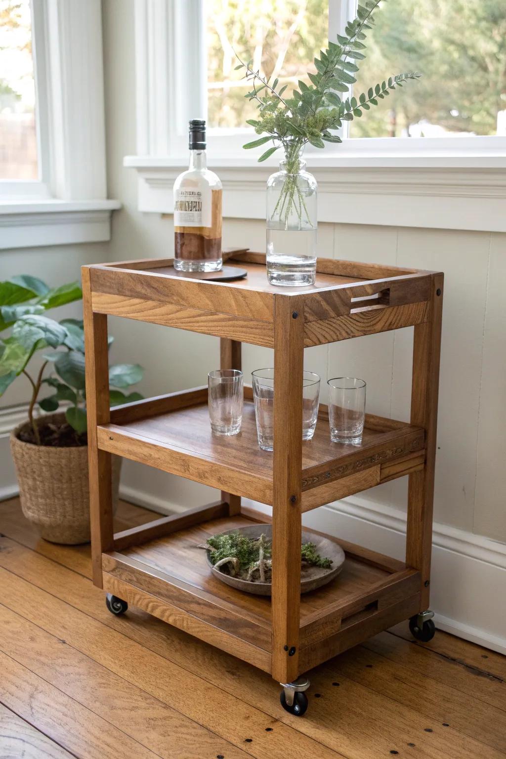 Classic rolling hardwood bar cart with locking casters—minimal, warm, and ready to host.