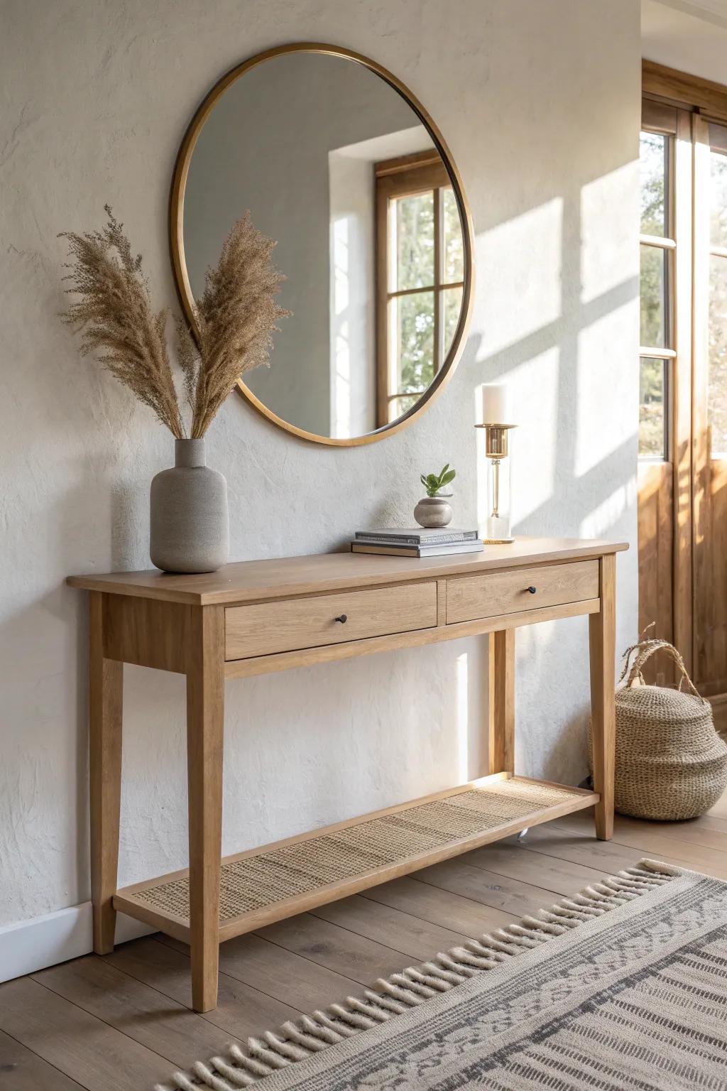 An oversized round mirror above a slim oak console creates instant, intentional minimalism.