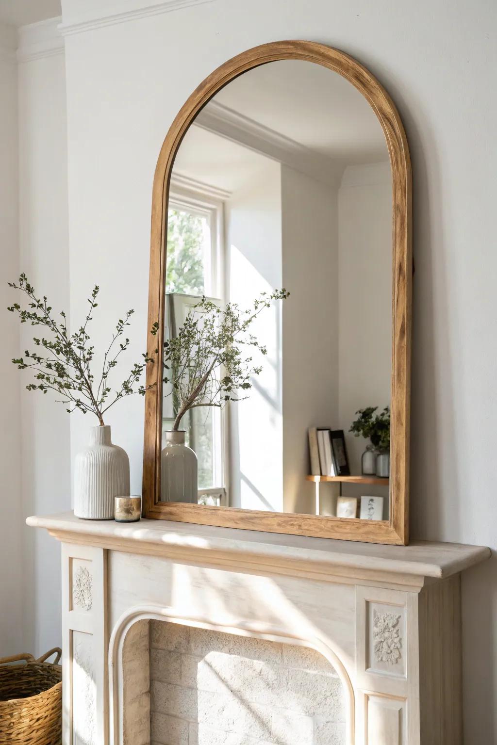 Center a large oak-framed mirror to anchor your mantel and brighten the whole room.